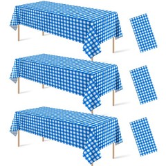 3pcs Blue And White Gingham Tablecloth Decorations, Disposable Plastic Blue