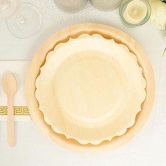 12 Round 9″ Natural Birch Wood Dinner Plates Scalloped Rim Party Events Supplies