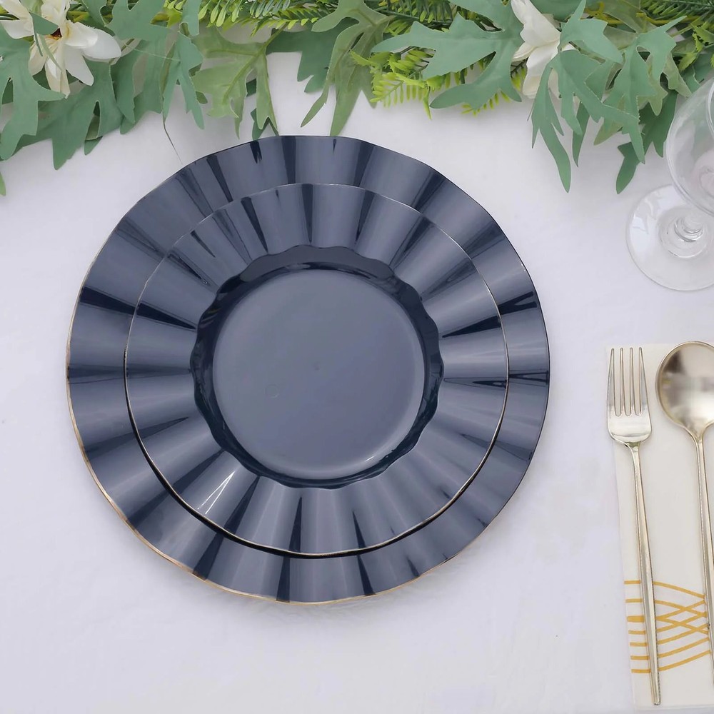 10 NAVY BLUE 9″ Round PLASTIC Salad Dinner PLATES Gold Wavy Rim Wedding Party
