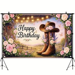 Western Cowgirl Birthday Backdrop Banner Country Boot Hat Floral Glitter Brow…
