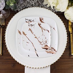 10 WHITE ROSE GOLD Square Metallic Marble Plastic Salad DINNER PLATES Party