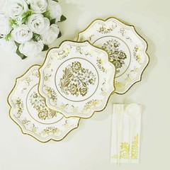 25 White 10″ Paper Dessert Plates GOLD Floral Print Scalloped Rim Party Events