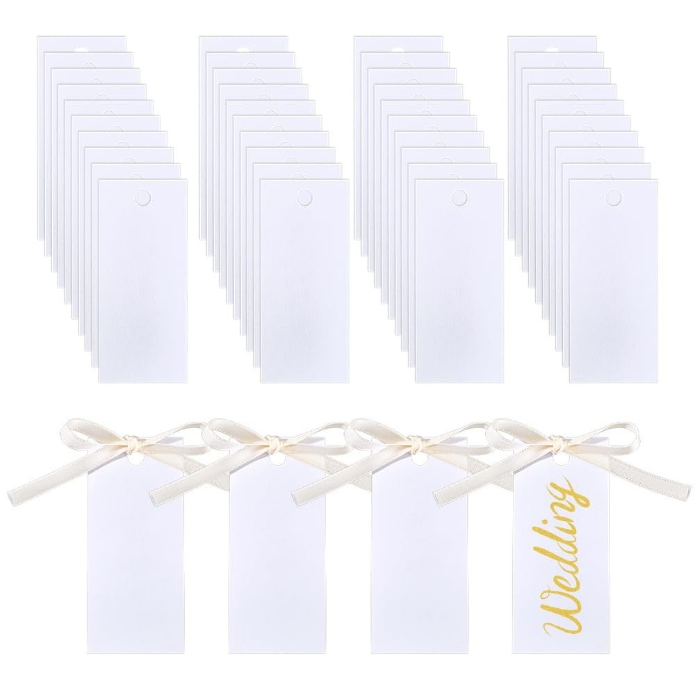 100 PCS 1.57×3.54×0.01 Inch Blank Name Place Cards With White Satin Ribbon