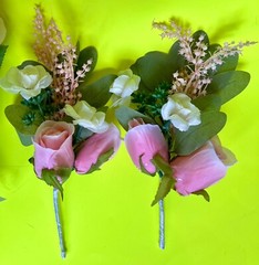 Bridal artificial silk flowers bouquet white & pink, 2 corsages, boutonniere lot