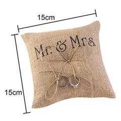 Hessian Burlap Jute Bow Twine Bridal Wedding Ring Pillow 15 x 15cm Mr & Mrs