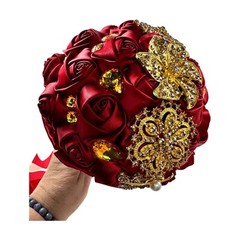 Luxury Red / gold accent Bridal Wedding Bouquet Satin Rose Rhinestone