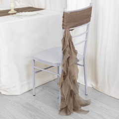 Taupe Premium Curly Chiffon CHAIRS Covers Cap SASHES Bows Ties Wedding Sale