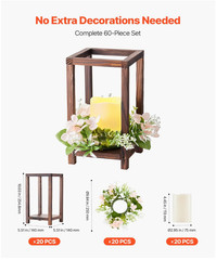 20 Set/60 Pcs Wooden Wedding Lantern Centerpiece – Dark Brown (Pre-Built)