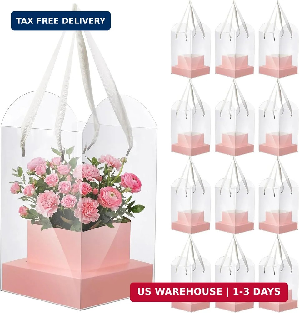 Kolldenn 12 Pack Clear Pink Flower Bouquet Bags with Handle, 9.45 Inch Mother’s