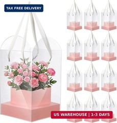 Kolldenn 12 Pack Clear Pink Flower Bouquet Bags with Handle, 9.45 Inch Mother’s