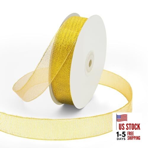 1 Inch x 50 Yards Glitter Gold Ribbon, Sparkly Metallic 1″ x 50 Yards Golden
