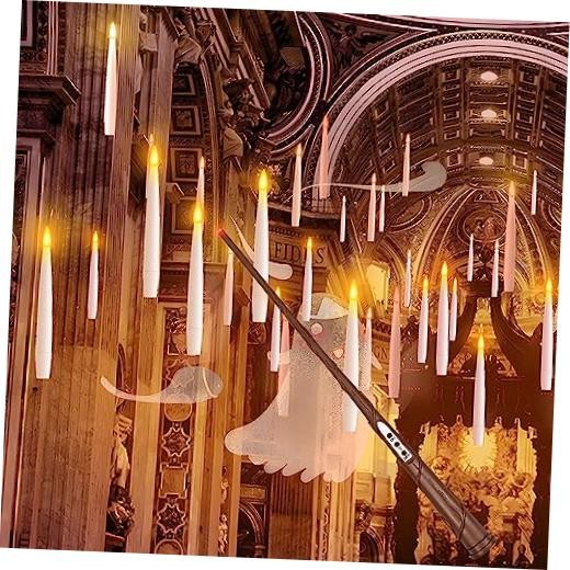 Halloween Decoration, Floating Candle with Wand, Warm White Hanging Candles