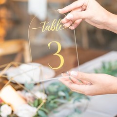 1-10 Set 5×7 Clear Arch Acrylic Table Numbers, Gold Font, Stands, Head Sign