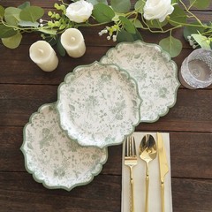 25 White Sage Green 8″ Floral Leaf Print Paper Plates Scalloped Rim Party Events