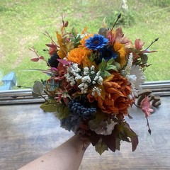 Bridal Wedding Bouquet Lovely Budget Minded Faux Bubble Pearl Blue + Fall Colors