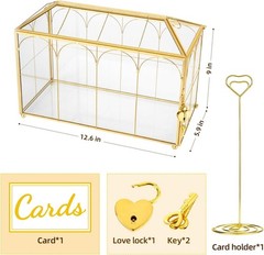 Glass Wedding Card Box with Lock, 12.6X5.9X9 Inches Large Gold Card Boxes for We