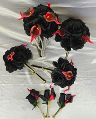 Gothic Wedding Bouquet Set, Skeleton Bone Gothic Red & Black 7 Piece Package