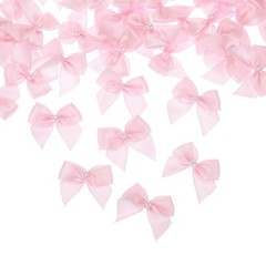 40Pcs Mini Light Pink Ribbon Bow with Pearl 1″ Ribbon Flowers Applique