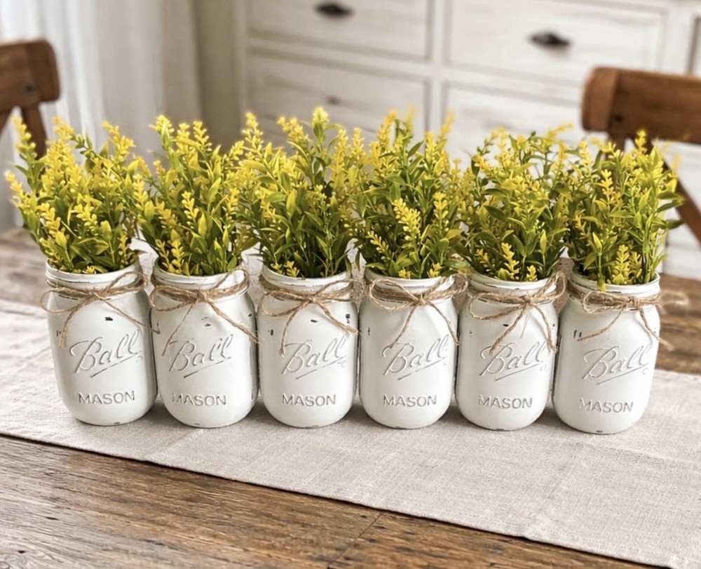 Set of 6 chalk painted distressed mason jar vases w/faux flowers included