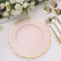 20 BLUSH 10.5″ Round Plastic Dinner Plates GOLD Scalloped Rim Events