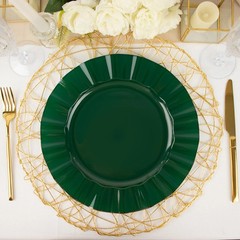 10 HUNTER GREEN 11″ Round PLASTIC Salad Dinner PLATES Gold Wavy Rim Wedding