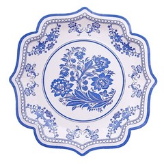 25 White 10″ Paper Dessert Plates Blue Floral Print Scalloped Rim Party Events