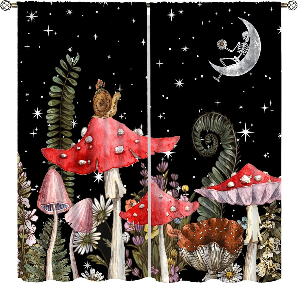 Mushroom Curtains, Vintage Boho Rustic Black Abstract Fantasy Forest Plant Leaf