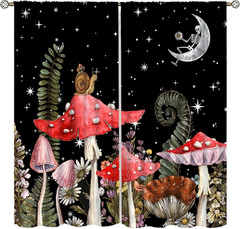 Mushroom Curtains, Vintage Boho Rustic Black Abstract Fantasy Forest Plant Leaf