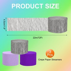 3Roll 1.8″x72FT Crepe Paper Streamers Decorations Bright Purple/Purple/Silver