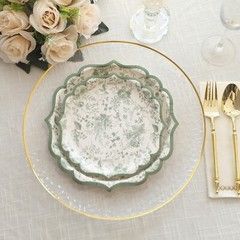25 WHITE SAGE GREEN 8″ Floral Leaf Print Paper PLATES Scalloped Rim Party Event