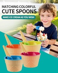 Pack Ice Cream Bowls and Spoons Set, Frozen Yogurt Cups with Spoons Durable 4