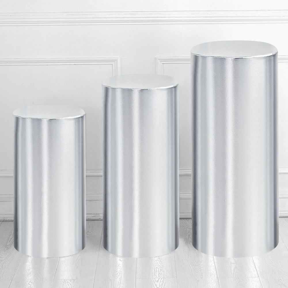 Set of 3 Cylinder Spandex Stand Covers, Silver Tone, Foil Fabric-Large