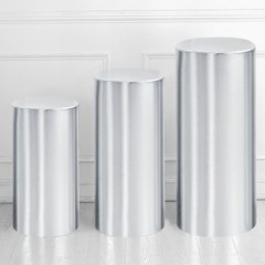 Set of 3 Cylinder Spandex Stand Covers, Silver Tone, Foil Fabric-Large