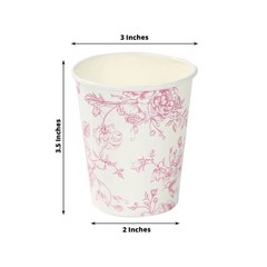 24 WHITE PINK 9 oz Disposable PAPER CUPS French Toile Pattern Party Supplies