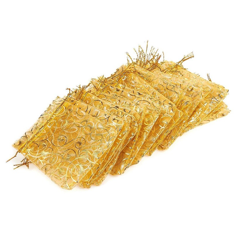 100Pcs 10X15cm Eyelash Printed Gold Organza Bags Jewelry Pouch Bags Organza8653