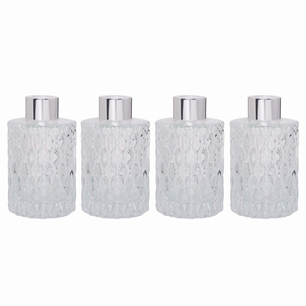 Hosley Set of 4 Mid Century Modern Glass Diffuser Bottles 4 4″ High, Silver