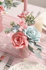 Artificial Flowers Combo Set Fake Flower Leaf Box with Stemst for Blue Pink