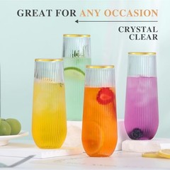 Lueumxc 48 Pack Plastic Champagne Flutes, 9 Oz Ribbed 48pack Gold Rim Ribbed
