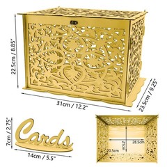 Golden Wooden Wedding Card Hollow Gift Box with Lock for Receptions Showers