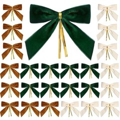 24 Pcs Velvet Christmas Bows for Christmas Tree, Green, Brown, Cream White