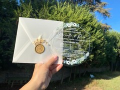 50 pieces; Floral acrylic wedding invitation. Parchment envelope. Wax seal