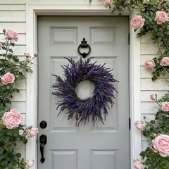 Outdoor Indoor Lavender Wreath Plastic Hanging Floral Decoration for Door 60cm