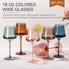 Colored Wine Glasses Set of 6-18oz【Hand Blown】Crystal Colorful Wine Multicolor