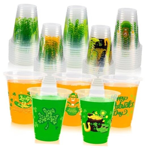 St Patrick’s Day Disposable Cups – 50pcs 12oz Green Shamrock St Patricks Cups