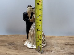 Vintage 1950s Chalkware Wedding Cake Topper Black Brown Hair Off white Dress