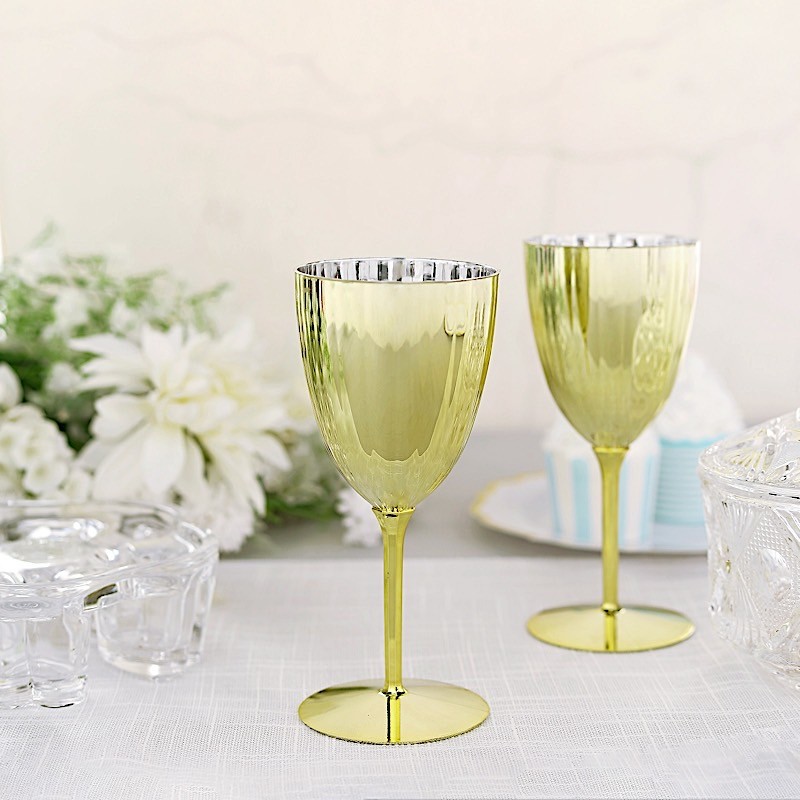 6 pcs Gold Premium Metallic Plastic 8 oz Wine Glasses Party Events Disposable