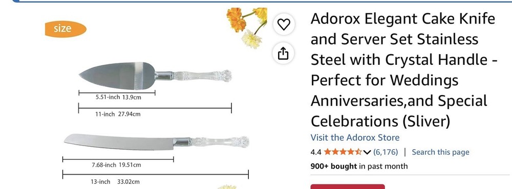 Adorox Cake Knife & Server Set 2pc Stainless Steel Crystal Handle Silver/Clear