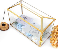 Glass Wedding Card Box with Lock, 12.6X5.9X9 Inches Large Gold Card Boxes for We