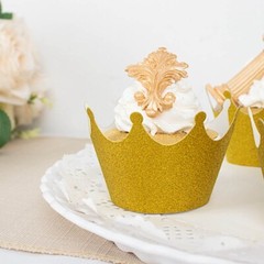 25 GOLD Glittered Crown Paper Cupcake Liners Muffin WRAPPERS Party Decorations