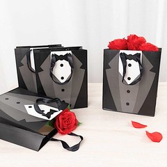 12 BLACK WHITE Tuxedo Paper Gift Tote BAGS Satin Handles Party Event Decorations